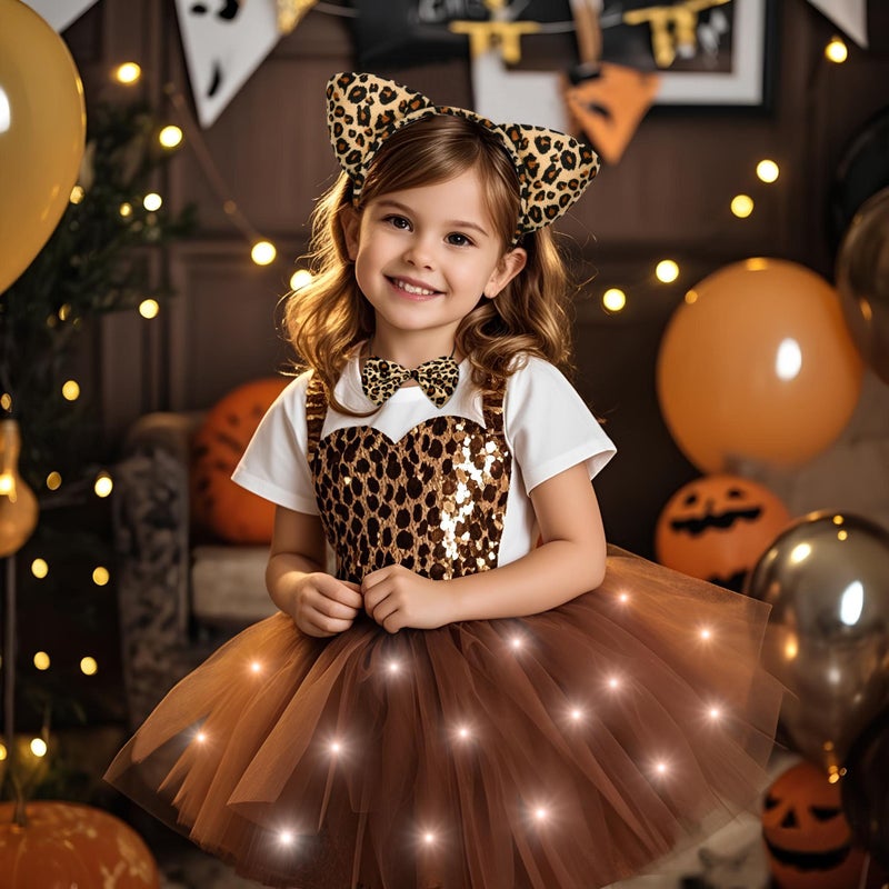 G.C Kids Light Up Leopard Costume Girls Leopard Ears Headband Tail Bow Tie Tutu Skirt Accessories Animal Costumes Halloween Cosplay Birthday Gifts - Image 2